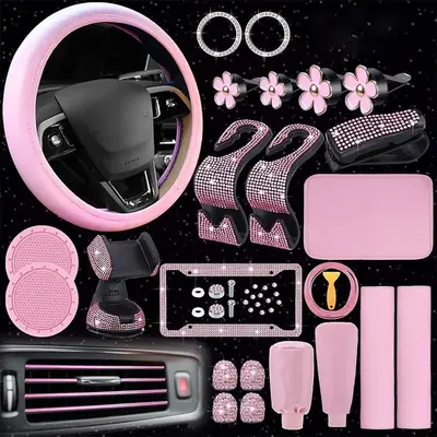 Women's Shiny Car Interior Set, 1 Set PU Leather Steering Wheel Cover Seat Belt Cover Armrest Box Pad, Rhinestone Phone Holde...