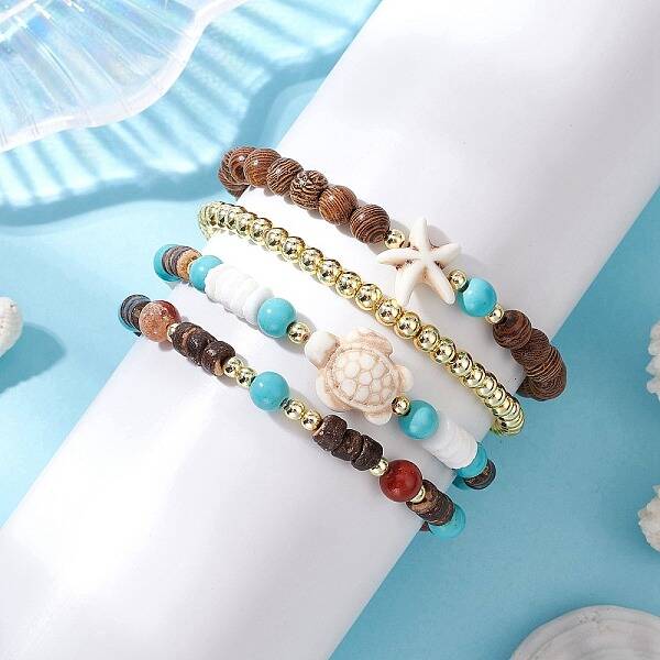4Pcs 4 Styles Natural & Synthetic Gemstone & Wood Beaded Stretch Bracelets for Women Men