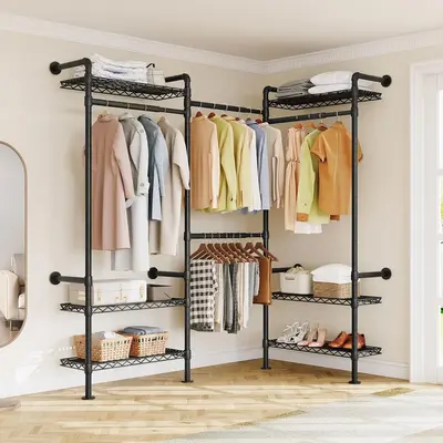 【LaborDaySale】ONBRILL Expandable Wall Mounted Closet System,  Industrial Clothing Rack, Pipe Clothes Rack Garment Racks f...