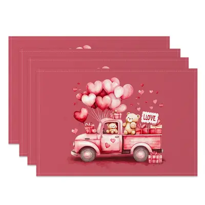 Aperturee Pink Balloon Truck Valentines Day Set Of 4 Placemats, 14x12 Inch, 15.8 USD, NYJY00377-S, placemats