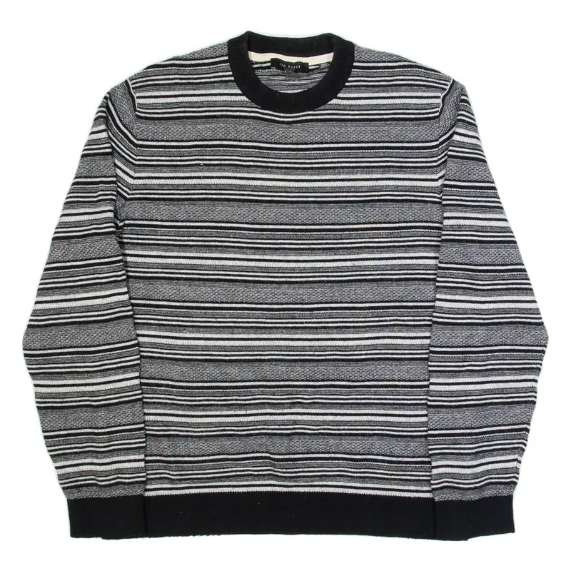 TED BAKER Mens Patterned Jumper Black Striped Tight Knit Wool L