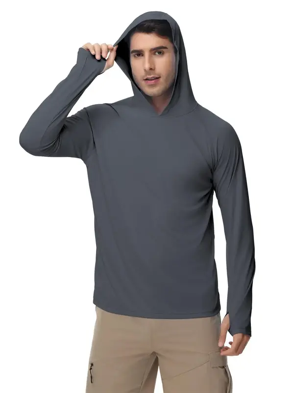 Men's Solid Long Sleeve Hooded Rashguard, Casual Breathable Sun Protection Top for Outdoor Cycling, Slim Fit Sports Clothing ...