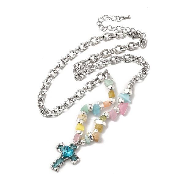 Alloy Glass Cross Pendant Necklace with Cat Eye Chips Beaded Chains