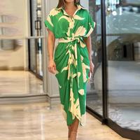 2025 Spring/Summer Ins Style Women's Clothing Printing Lapel Short Sleeve High Waist Long Shirt Dress