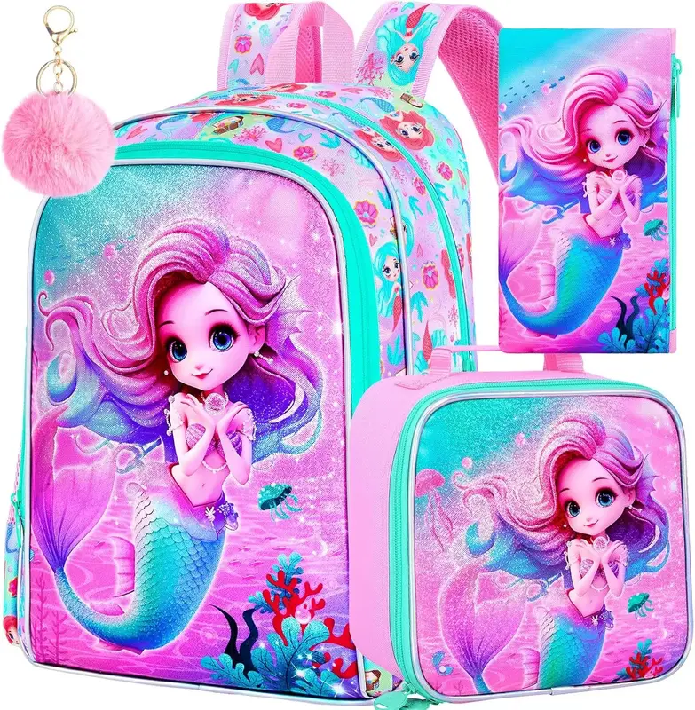 3PCS Mermaid Backpack, Water Resistant Kids Bookbag with Lunch Box for Girls, 16\
