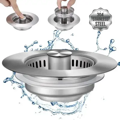 3 in 1 Kitchen Sink Drain Strainer, Stainless Steel Sink Stopper, Anti-clogging Drainage Odor Filter Sink Plug for US Standar...
