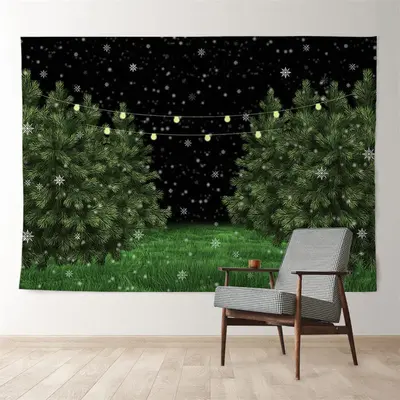 Aperturee Snowy Green Grass Tree Lights Winter Eve Backdrop