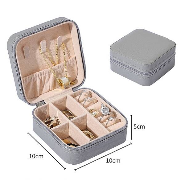 Square PU Leather Jewelry Organizer Zipper Boxes