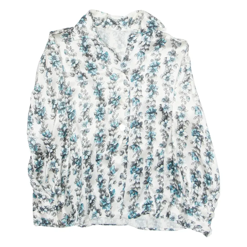 Womens Printed Blouse Silver Collared Long Sleeve Silk Floral M