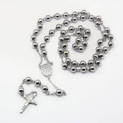Tarnish Resistant Men's Rosary Bead Necklace with Crucifix Cross