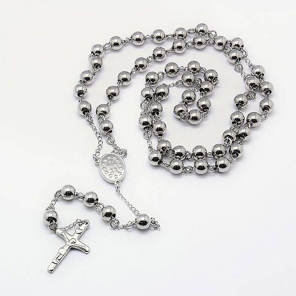 Tarnish Resistant Men's Rosary Bead Necklace with Crucifix Cross