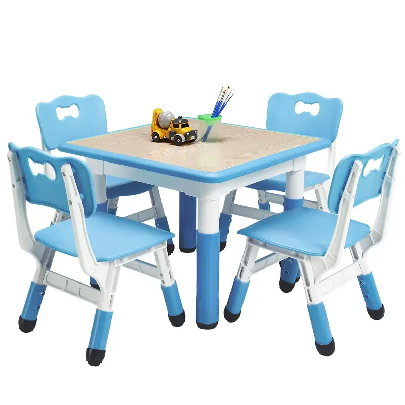 Garvee Square Kids Table and Chairs Set, 60 x 60CM, Height Adjustable Desk with 4 Seats, Graffiti Desktop, Non-Slip Legs, Mul...