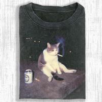 Funny Cat Vintage Washed Crew Neck Tee Heavyweight(280g) Regular Fit Casual Comfort Breathable Short Sleeve Funny T-shirts fo...