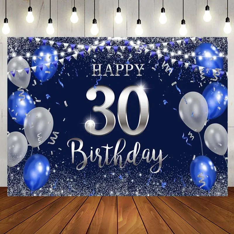 Blue Silver Balloon Glitter 30th Birthday Backdrop - Aperturee
