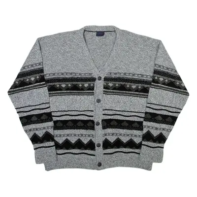 NICK TAYLOR Mens Patterned Cardigan Grey Geometric V-Neck Tight Knit M