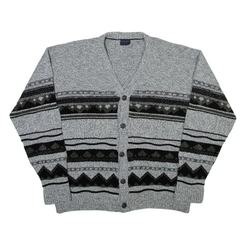 NICK TAYLOR Mens Patterned Cardigan Grey Geometric V-Neck Tight Knit M