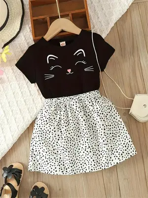 Girl's Cartoon Cat Print Tee & Polka Dot Print Skirt Two-Piece Set, Casual Fashion Round Neck T-shirt & Knee Length Skirt for...