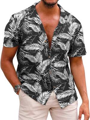 Hawaiian Floral Beach Shirts (US Only), Black-Palm Leaf / M