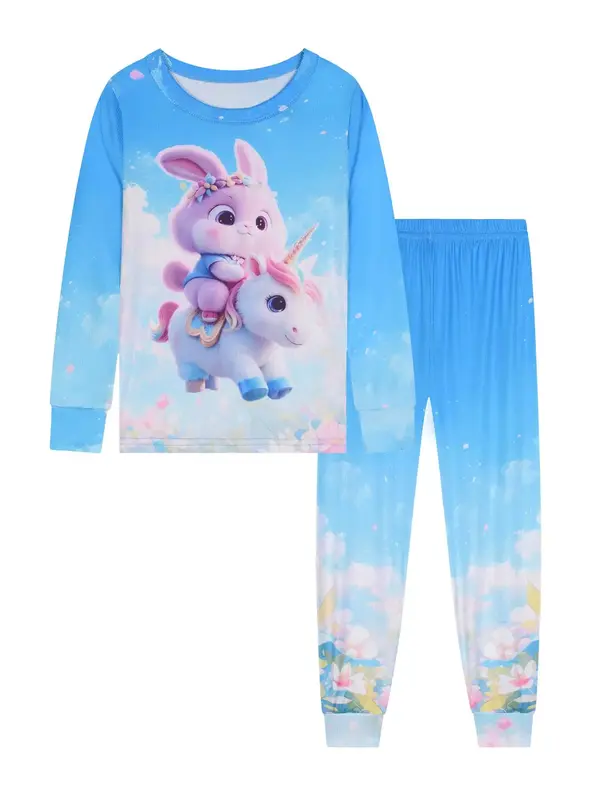 Girl's Unicorn Print Tee & Pants Pyjama, Cute Long Sleeve Round Neck Top & Trousers Pj Set, Kids Sleepwear for Fall, Cartoon ...
