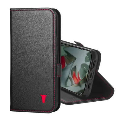 Google Pixel 10 and Pixel 10 Pro Leather Wallet Case - Black with Red Detail