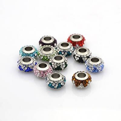 Nice Large Hole 304 Stainless Steel Polymer Clay Pave Two Tone Rhinestone European Beads