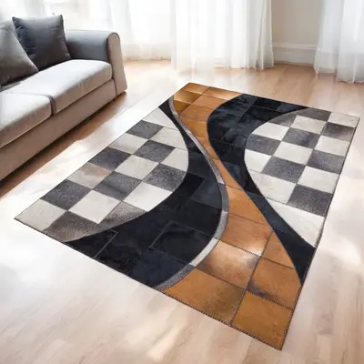 Beige and Gray Cowhide Geometric Patchwork Rug