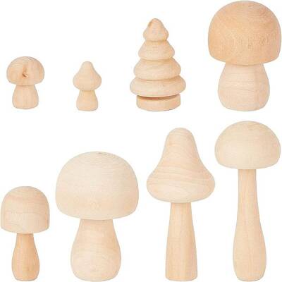 8Pcs Mushroom & Christmas Tree Schima Superba Wooden Children Toys
