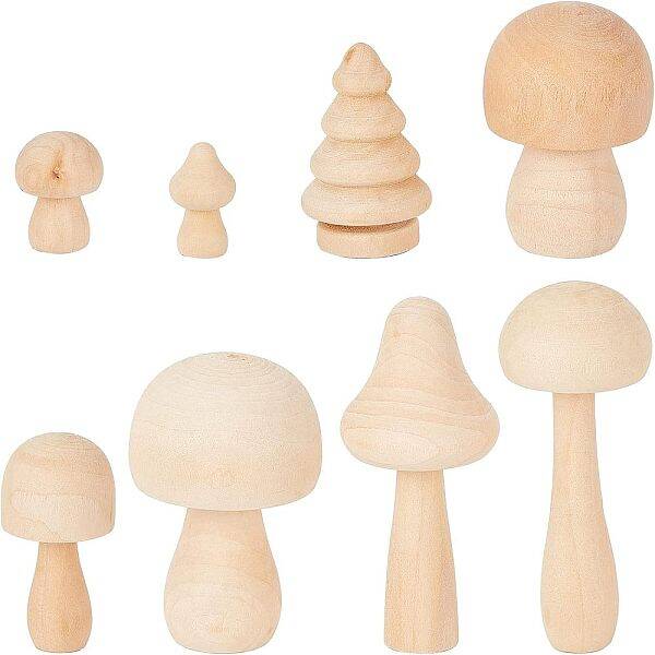 8Pcs Mushroom & Christmas Tree Schima Superba Wooden Children Toys