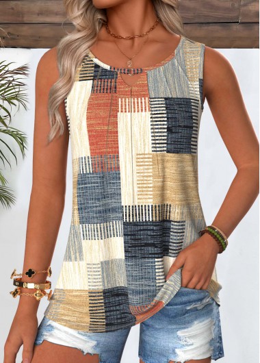 Modlily Multi Color Geometric Print Tuck Stitch Sleeveless Tank Top - L