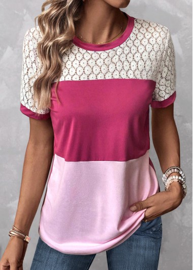 Modlily Pink Patchwork Short Sleeve Round Neck T Shirt - XXL