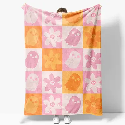 Orange Pink Plaid Floral Halloween Custom Blanket