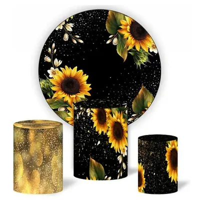 Aperturee Sunflower And Black Glitter Round Birthday Backdrop Kit | Custom Round Backdrop | Round Backdrop Fabric Cover | Rou...