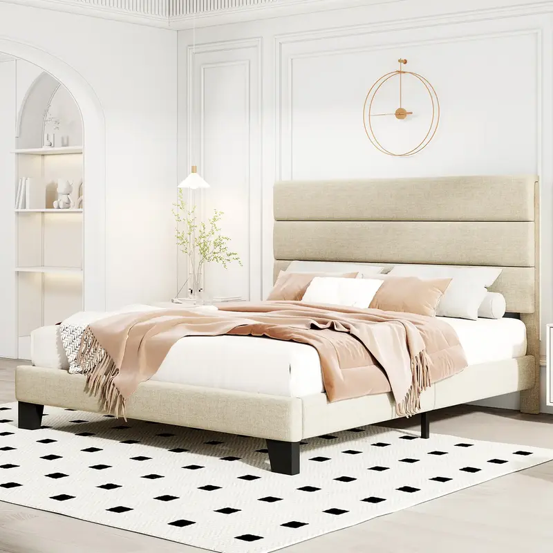 HOOMIC Full/Queen/King Upholstered Platform Bed - Fabric Headboard with Strong Wood Slats, 【Frame Only No Mattress】Beige/...