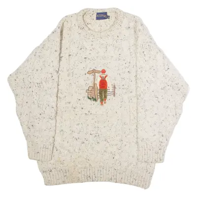ACORN Rambler Embroidery Mens Aran Jumper Cream Crew Neck 90s Wool M