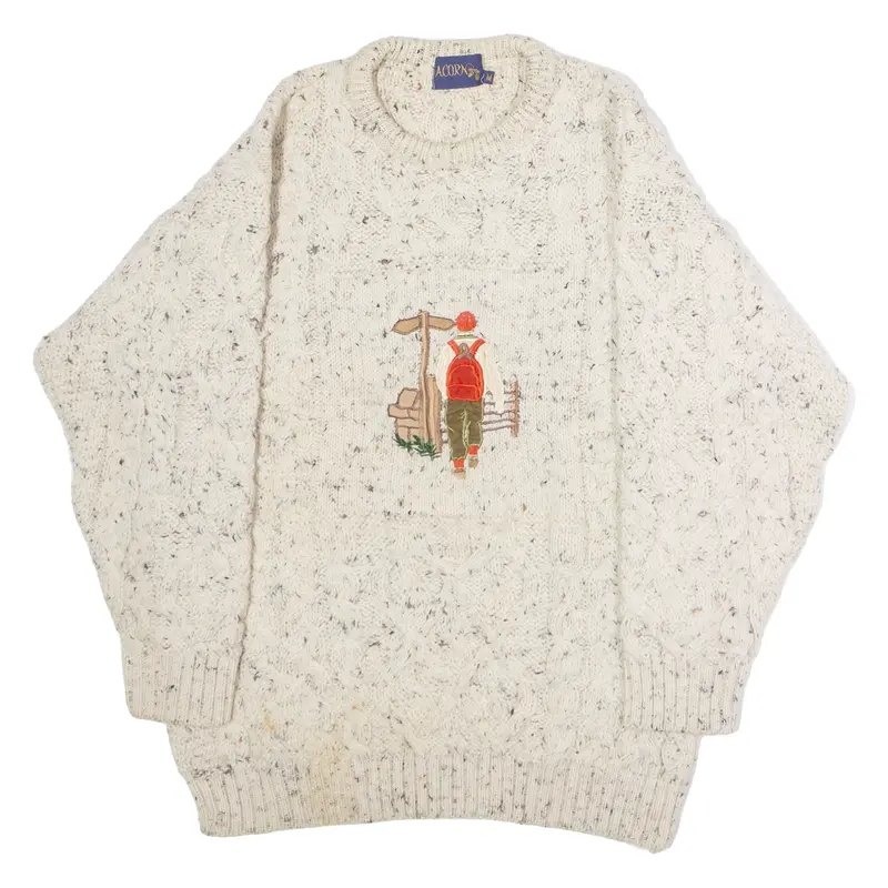 ACORN Rambler Embroidery Mens Aran Jumper Cream Crew Neck 90s Wool M