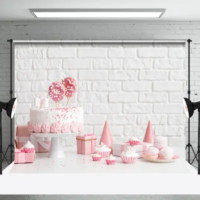 White Brick Wall Pink Desserts Cake Smash Backdrop - Aperturee