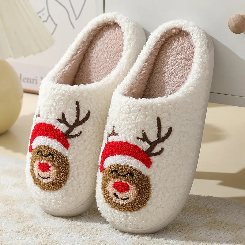 Christmas Home Slippers Cute Cartoon Santa Claus Cotton Slippers For Women And Men Couples Winter Warm Furry Shoes | Color: M...