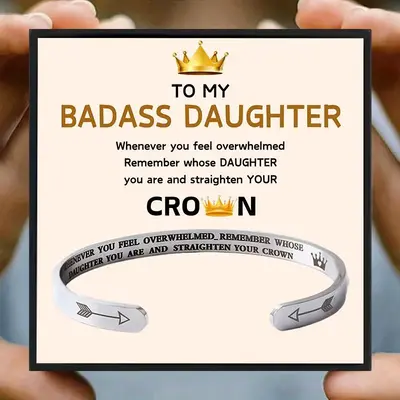 Stainless Steel Cuff Bangle with Gift Card & Gift Box, 1 Set Badass Daughter Themed Open Cuff Bangle, Birthday Gift for Daugh...