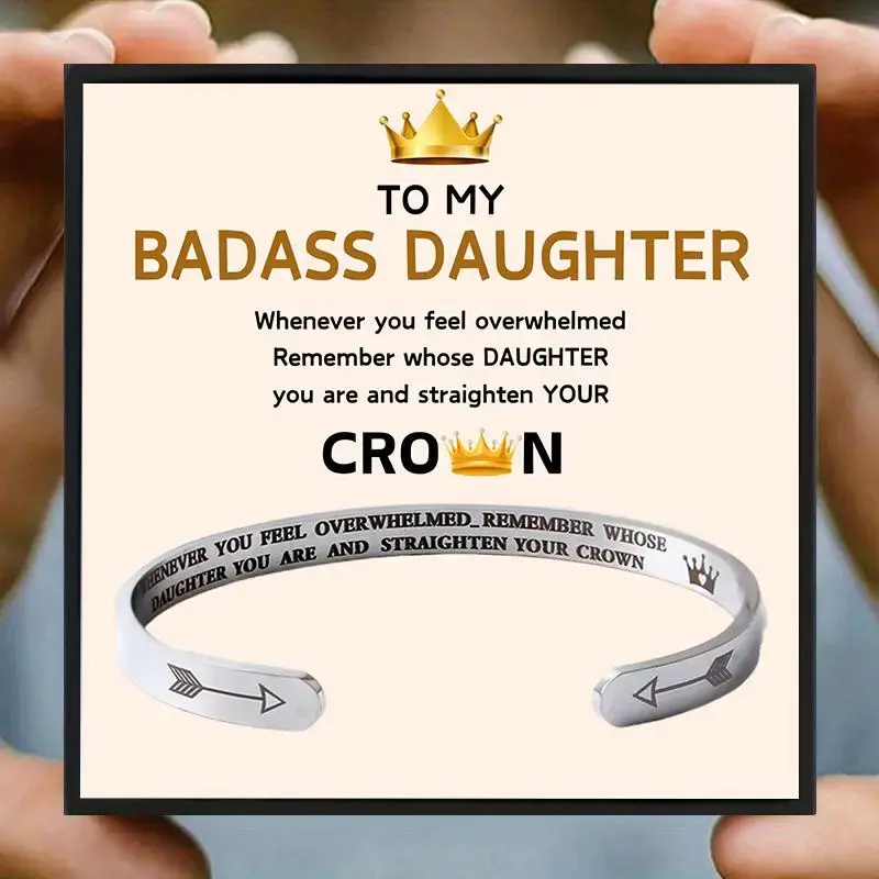Stainless Steel Cuff Bangle with Gift Card & Gift Box, 1 Set Badass Daughter Themed Open Cuff Bangle, Birthday Gift for Daugh...