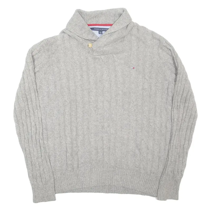 TOMMY HILFIGER Mens Jumper Grey Button Neck Cable Knit Wool XL