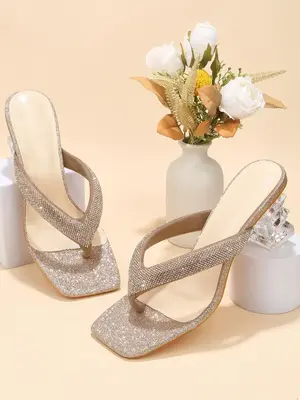 Women's Elegant Rhinestone Decorated Toe Thong Sandals, Exquisite Trendy Square Toe Shape High Heel Sandals, Fashionable Heel...