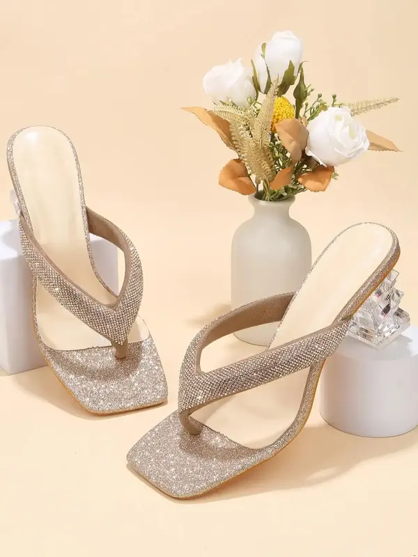 Women's Elegant Rhinestone Decorated Toe Thong Sandals, Exquisite Trendy Square Toe Shape High Heel Sandals, Fashionable Heel...