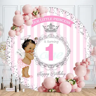 Aperturee Pink Glitter Princess Round Happy 1St Birthday Backdrop