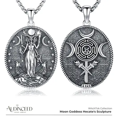 Audinceed Hecate S925 Sterling Silver Necklace, Witchtok Collection Hecate Hekate Luxury Triple Moon Goddess Pagan Wiccan Mag...