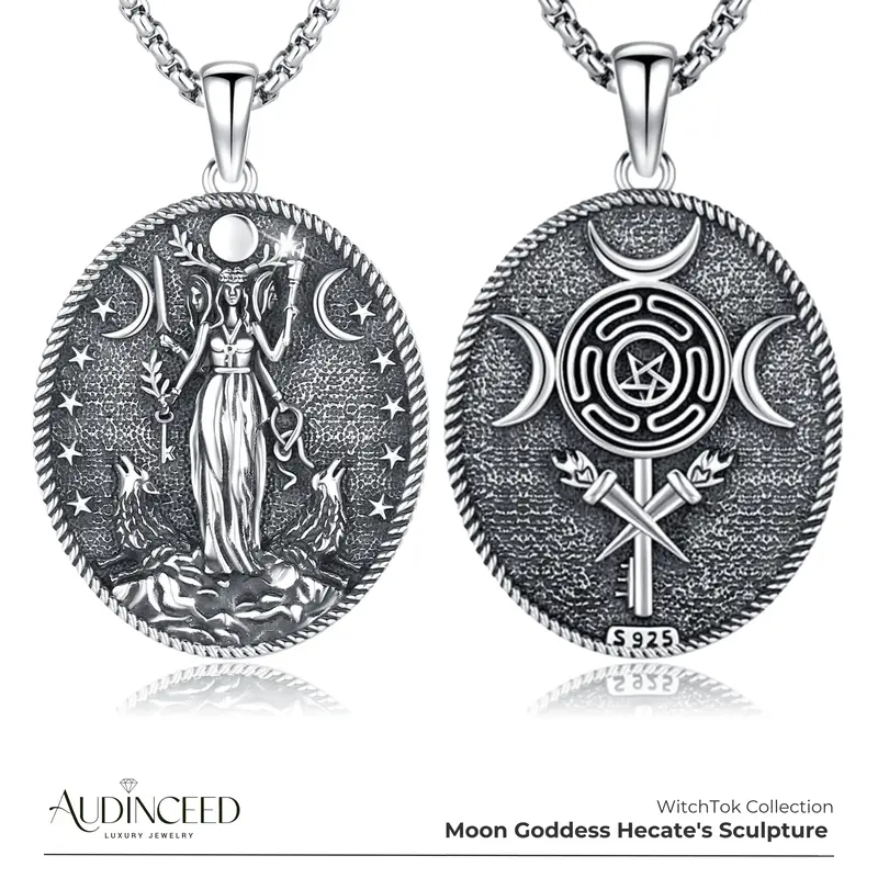 Audinceed Hecate S925 Sterling Silver Necklace, Witchtok Collection Hecate Hekate Luxury Triple Moon Goddess Pagan Wiccan Mag...