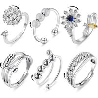 NBB6 6PCS Anti Anxiety Fidget Ring for Women, Open Adjustable Ring, CZ Cubic Zirconia Diamond Rings, Rotatable Bead Rings, Be...