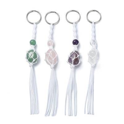 4Pcs Nuggets Natural Quartz Crystal & Rose Quartz & Green Aventurine & Amethyst Nylon Cord Macrame Pouch Keychain
