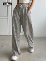 Women's Striped Print Drawstring Waist Wide Leg Pants, Casual Fit Pocket Baggy Trousers for Summer, Women's Bottoms for Daily...