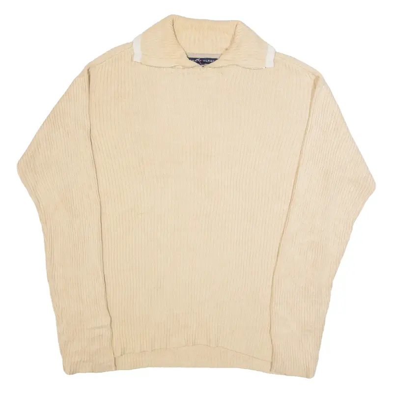 TOMMY HILFIGER Mens Jumper Beige V-Neck Chunky Knit L