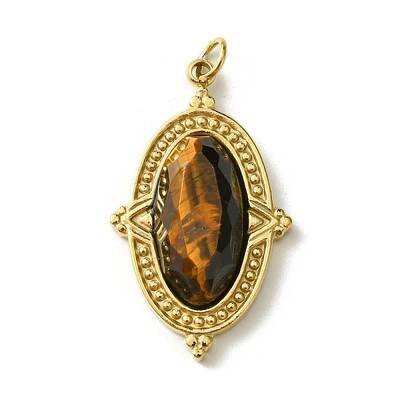 Ion Plating(IP) 304 Stainless Steel Pave Faceted Natural Tiger Eye Pendants